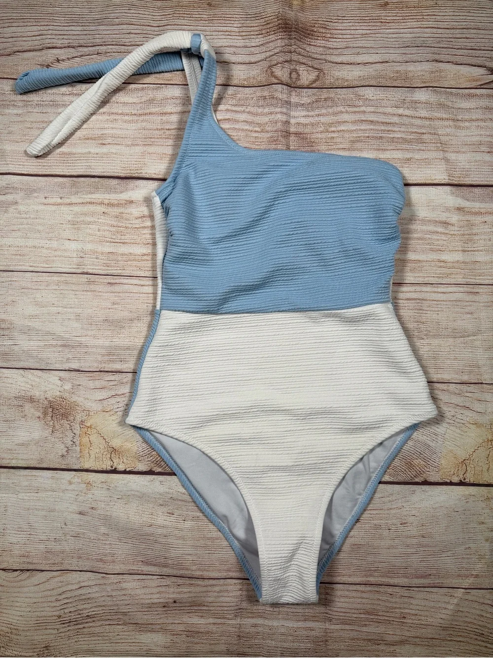 NWOT One-Shoulder Preppy‎ Color-block Blue and White Textured One-Piece Swimsuit